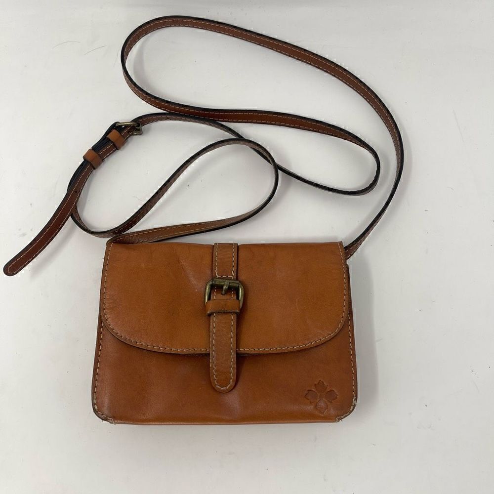 Patricia Nash Leather Brown Buckle Strap Snap Button Sling Bag OS